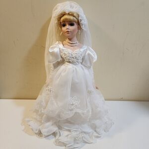 Elegant Vintage Porcelain Bride Doll in White Dress